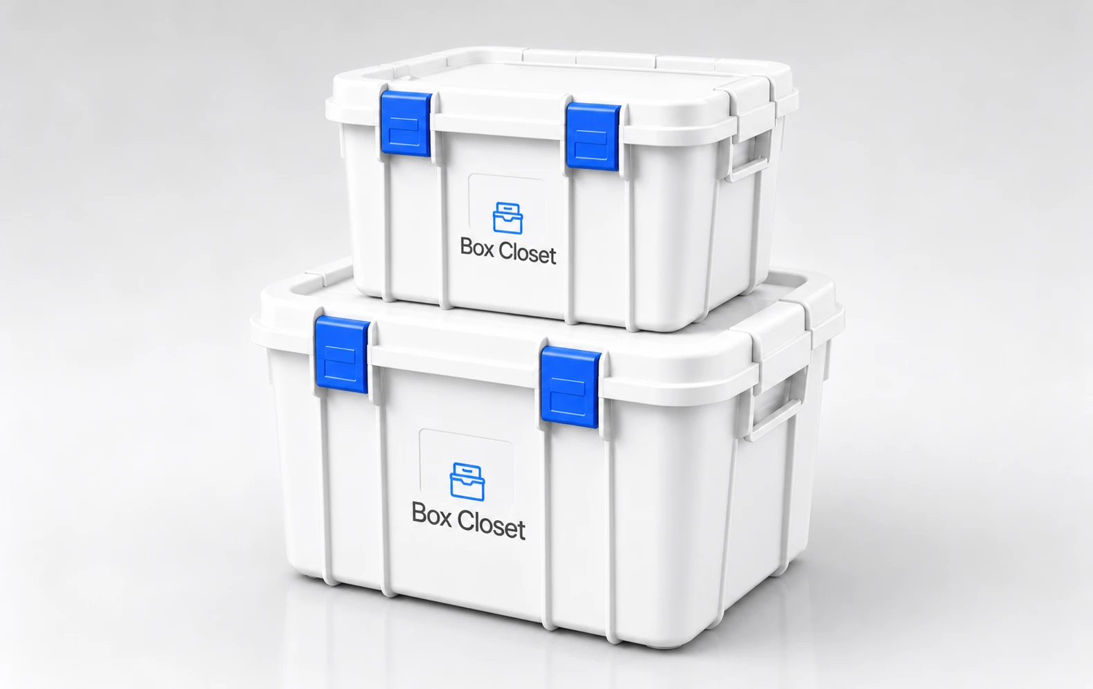Two rugged white Box Closet totes with vivid blue latches, stacked medium over large