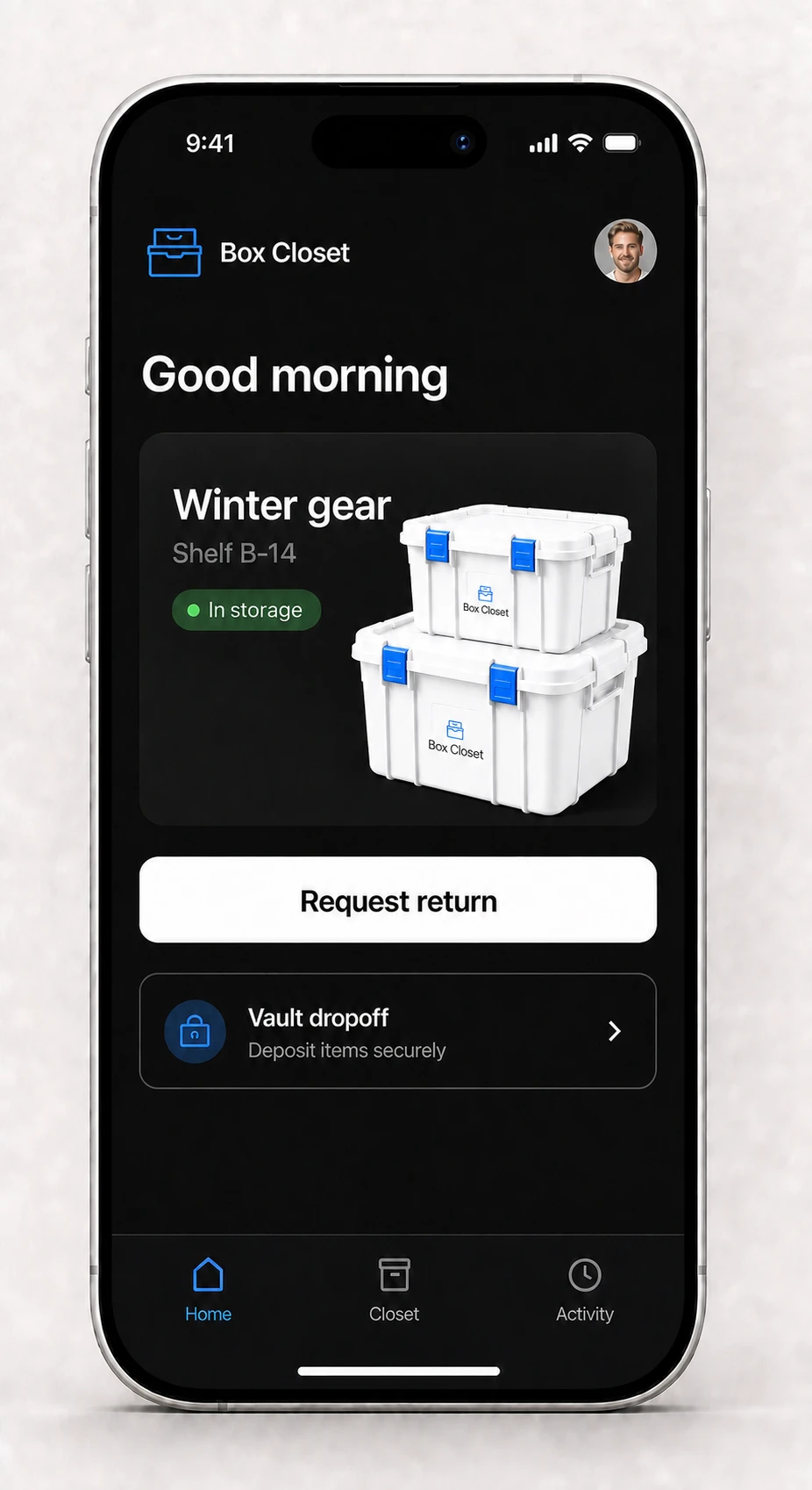 Box Closet mobile app concept showing stored totes and return requests